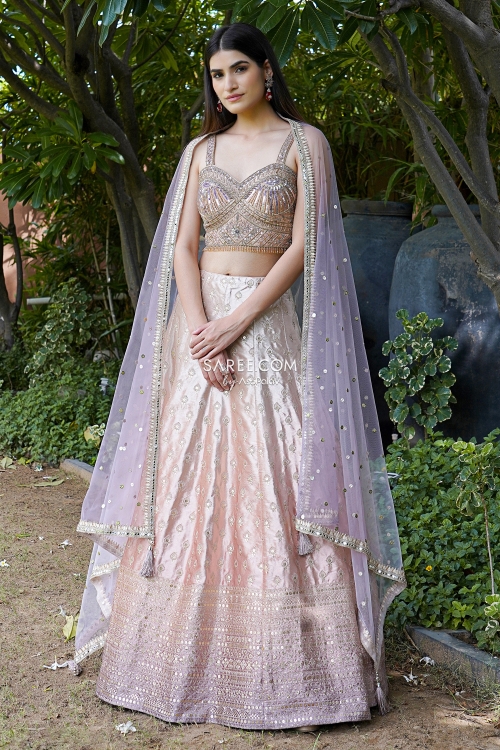 Peach Ombre Lehenga in Raw Silk with Sequins Embroidery