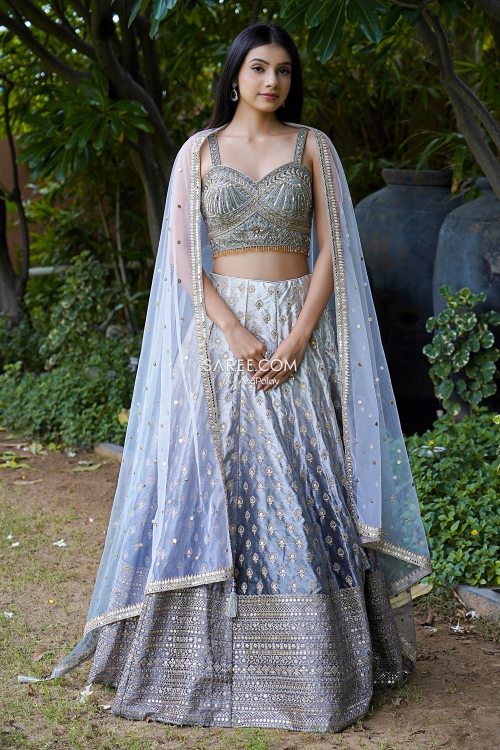 Blue Ombre Lehenga in Raw Silk with Sequins Embroidery