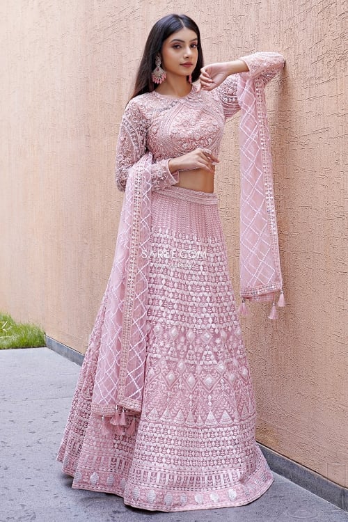 Light Pink Heavy Thread Embroidery Work Lehenga in Net with Moti and Cutdana Embellished Blouse