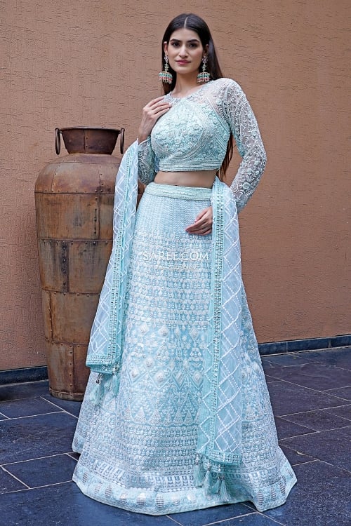 Sky Blue Heavy Thread Embroidery Work Lehenga in Net with Moti and Cutdana Embellished Blouse
