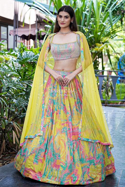 Multi Colored Sequinned Work Lehenga in Chinon Georgette with Moti and Cutdana Embellished Blouse