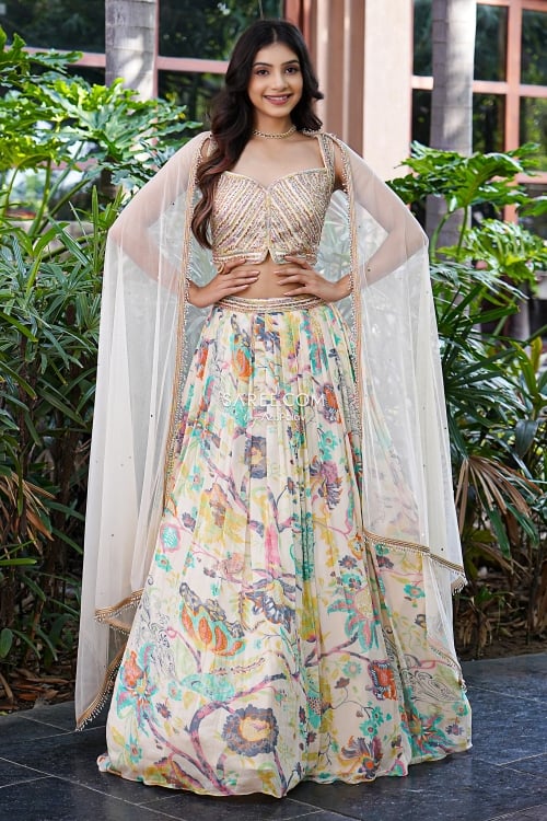 Cream Pleated Floral Printed Lehenga in Chinon Georgette with Cutdana and Lace Work Embellished Blouse