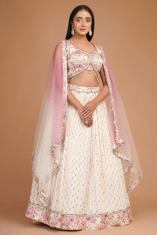 Cream Sequinned Lehenga in Georgette with Embellished Blouse