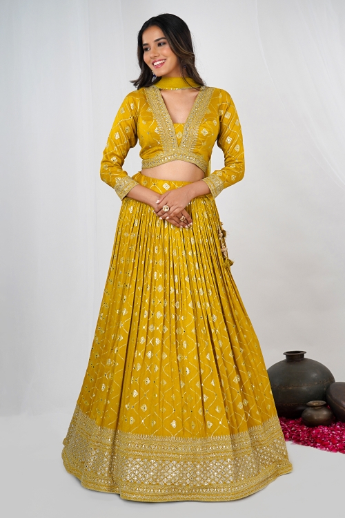 Mustard Embroidered Moroccan Jaal Lehenga in Chinon Silk with Mirror Work