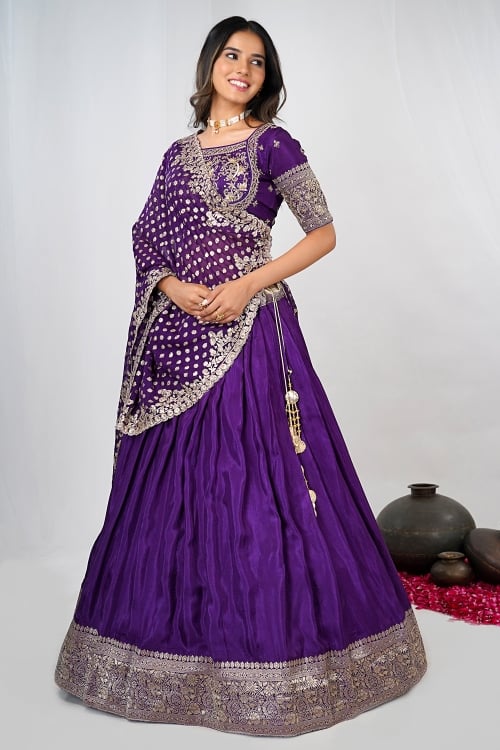 Violet Purple Pleated Lehnega in Chinon Silk with Woven Border