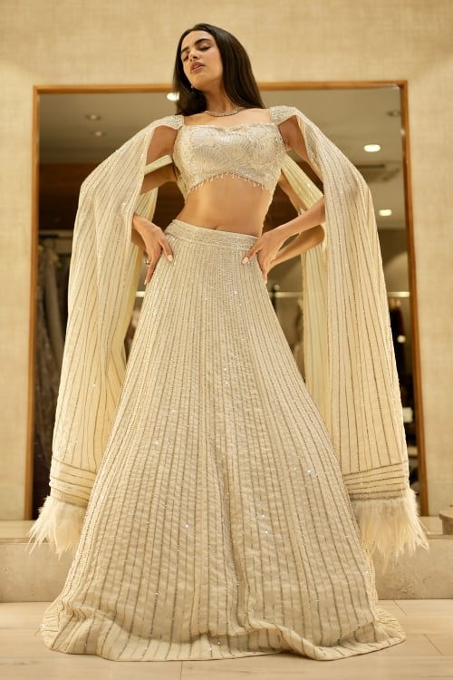 Pearl White Georgette Handworked Designer Lehenga with Feather Cape Style Blouse