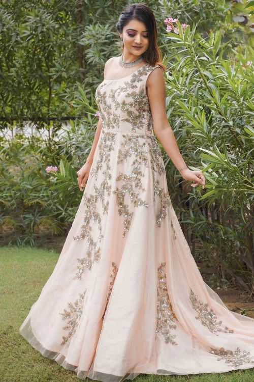 Light Peach Net Designer Floor Length One Shoulder Gown with Floral Handwork