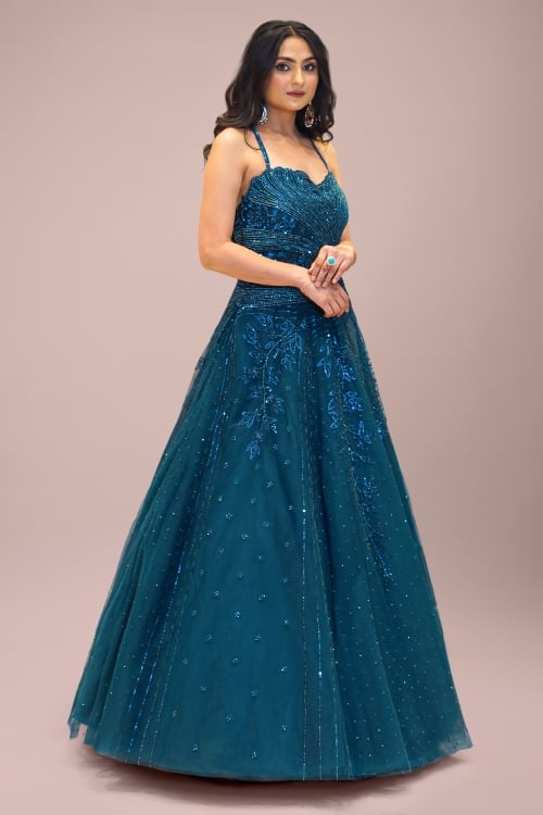 Rama Blue Net Flared Sequinned Gown