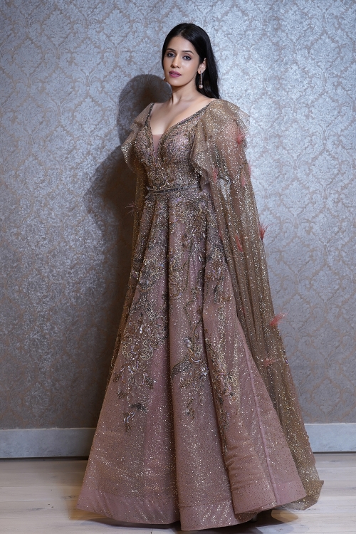 Dusty Pink Net Designer Gown with Cape Sleeves
