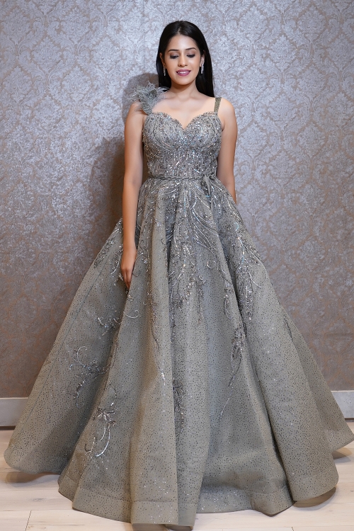 Grey Net Designer Gown with Zari Work