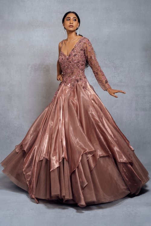 Dusty Peach Satin Designer Floor Length Gown