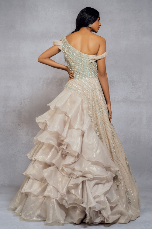 Off White Net Designer Ruffle Gown with Sequins Work