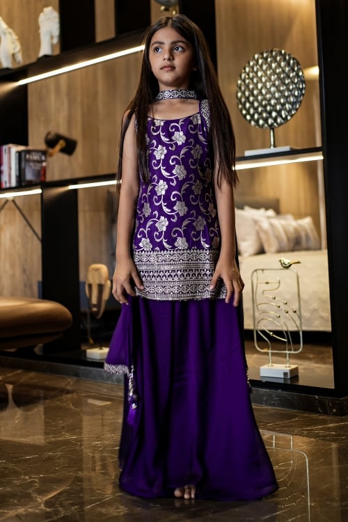 Purple Woven Palazzo Suit in Jacquard with Choker Dupatta