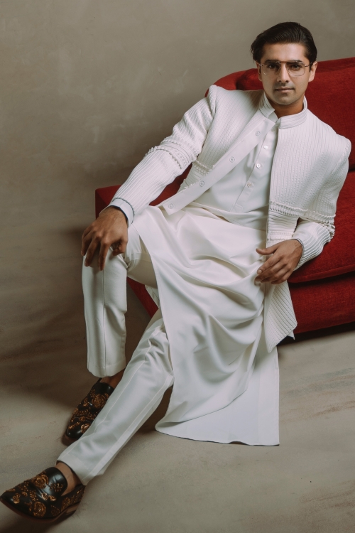 Shehzad Shaikh White Imported Nawabi Suit