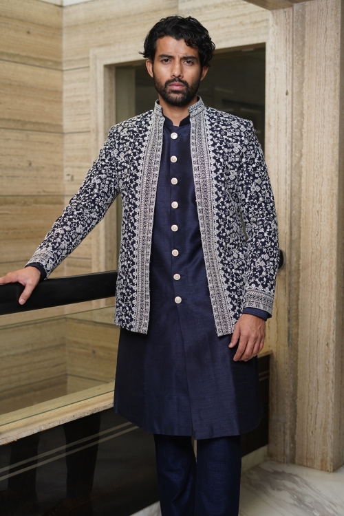 Blue Imported Sherwani with Embroidered Jacket
