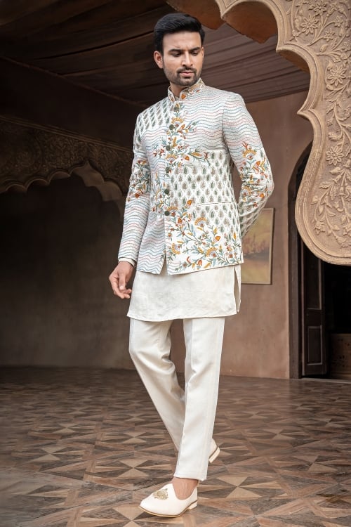 Off White Silk Jodhpuri Kurta Set with Multi Colored Thread Embroidery Work Jacket Set
