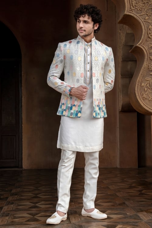 Off White Jodhpuri Kurta Set in Silk with Multi Colored Embroidery and Beads Work Jacket