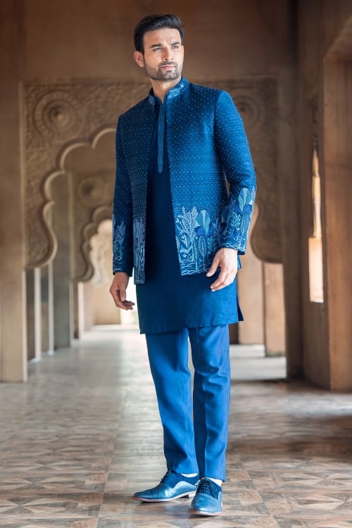 Blue Silk Jodhpuri Kurta Set in Raw Silk with French Knot Embroidery Work Jacket