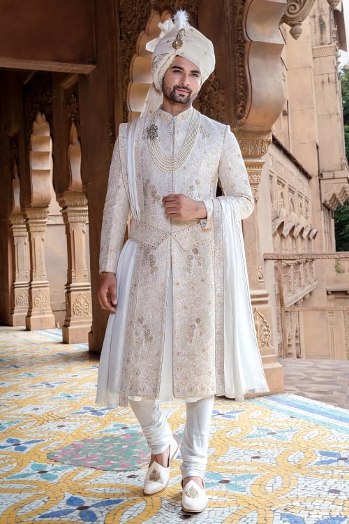 Off White All Over Beads and Embroidery Work Sherwani Set in Silk