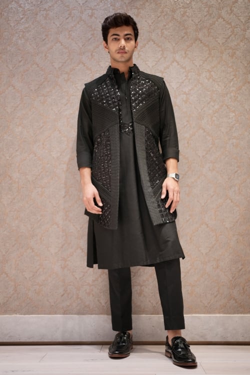 Black Art Silk Pintex Coty Suit with Sequins Work