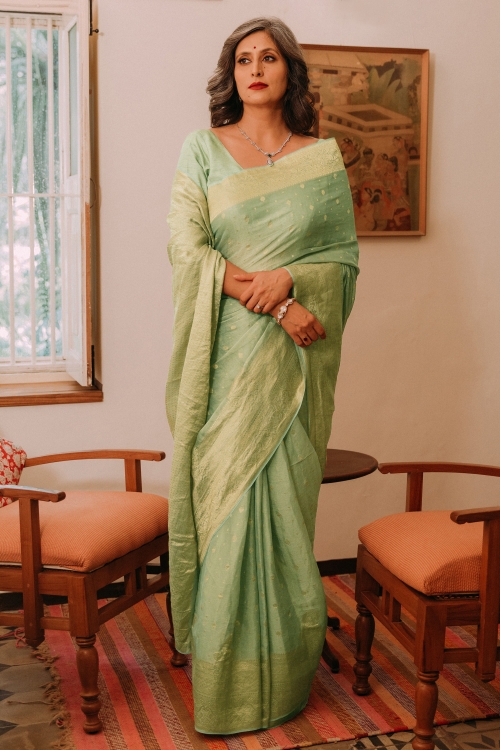 Light Green Tussar Silk Saree with Weaving
