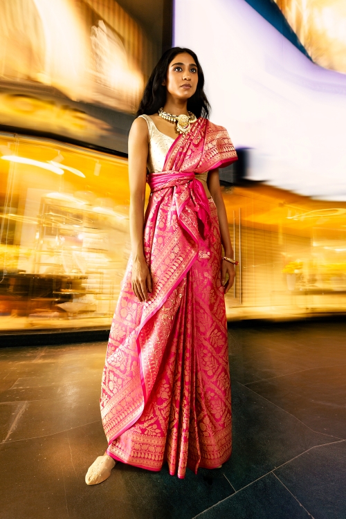 Pink Silk Traditional Floral Woven Saree
