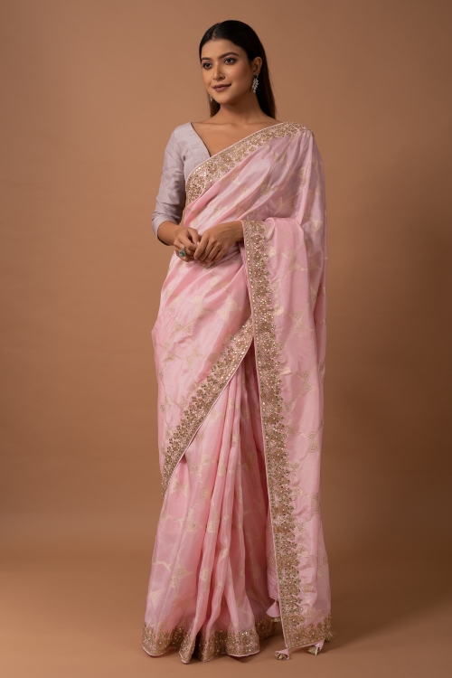 Pink Kora Silk Saree with Weaving