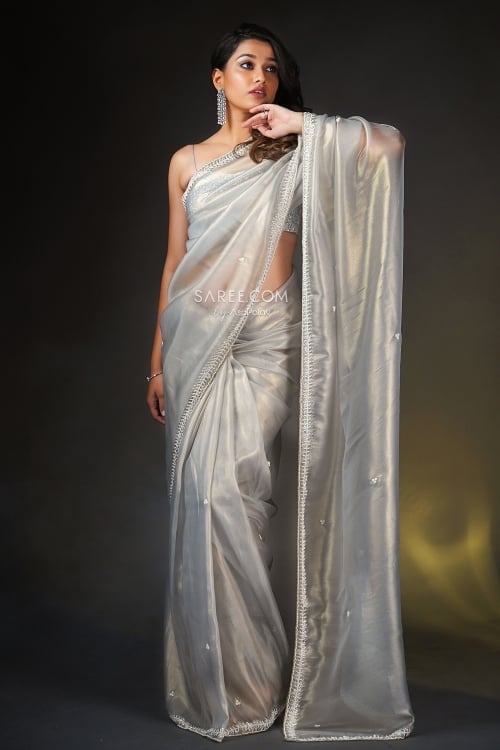 Grey Shimmer Net Saree in Beads Butti with Embellished Border and Golden Highlights
