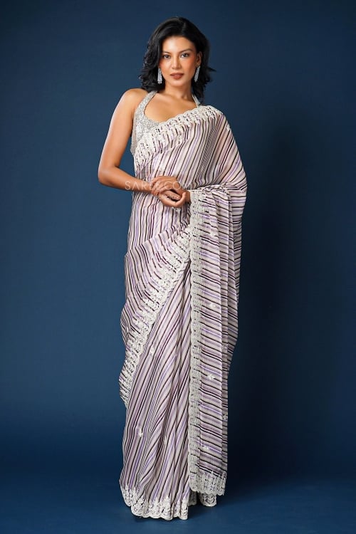 Multi Colored Printed Diagonal Striped Design Saree in Satin Organza with Sequins Embroidery Border
