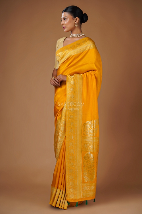 Gold Yellow Muga Silk Woven Saree with Floral Motifs