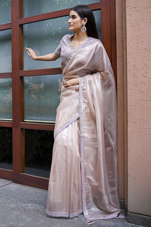 Dusty Peach Saree in Net with Embellished Cutdana and Sequins Border