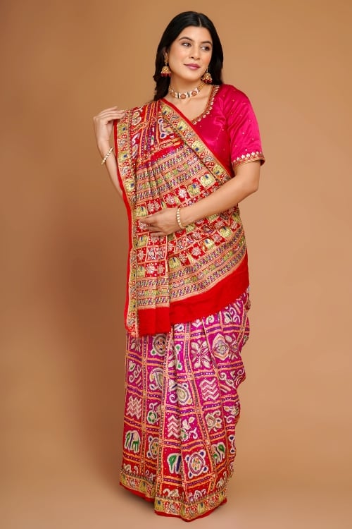Cherry Red and Pink Gaji Silk Traditional Gharchola with Bird and Elephant Motifs