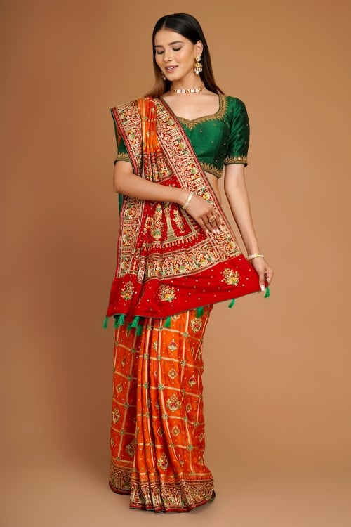 Orange Checks Embroidered Gharchola Saree in Silk with Contrast Border and Pallu