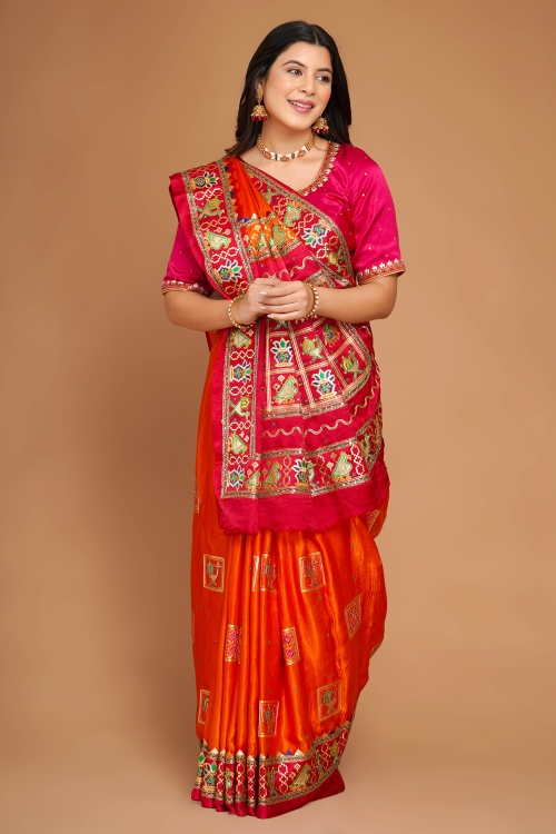 Orange Traditional Embroidered Saree in Silk with Bird Motifs