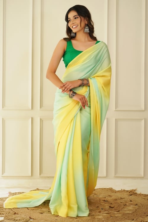 Light Green and Yellow Crepe Silk Georgette Saree