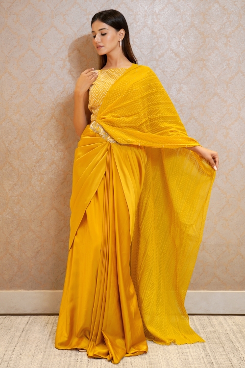 Mustard Pre Stitched Saree in Georgette Silk with Embroidery and Embellished Blouse