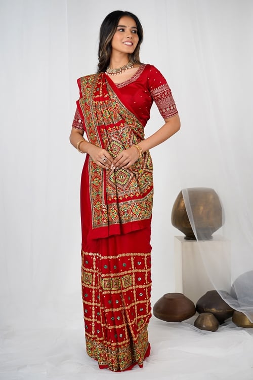 Red Checks Traditional Gharchola Saree in Silk with Embroiderey and Mirror Work