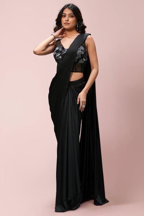 Black Ready To Pleated Saree in Lycra with Artificial Swarovski Work Border