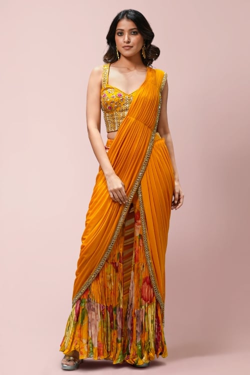Orange Draped Sharara Saree in Georgette with Embellished Blouse