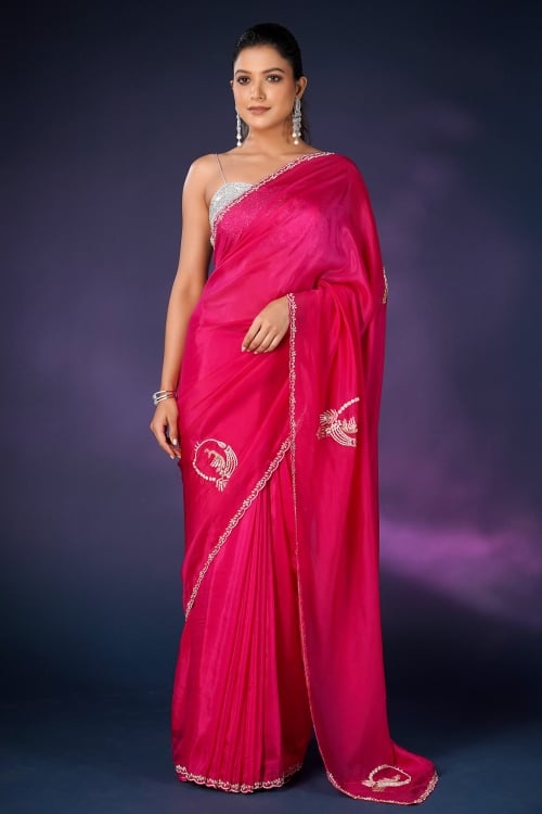 Rani Pink Tissue Silk Saree With Scallop Cutdana Border