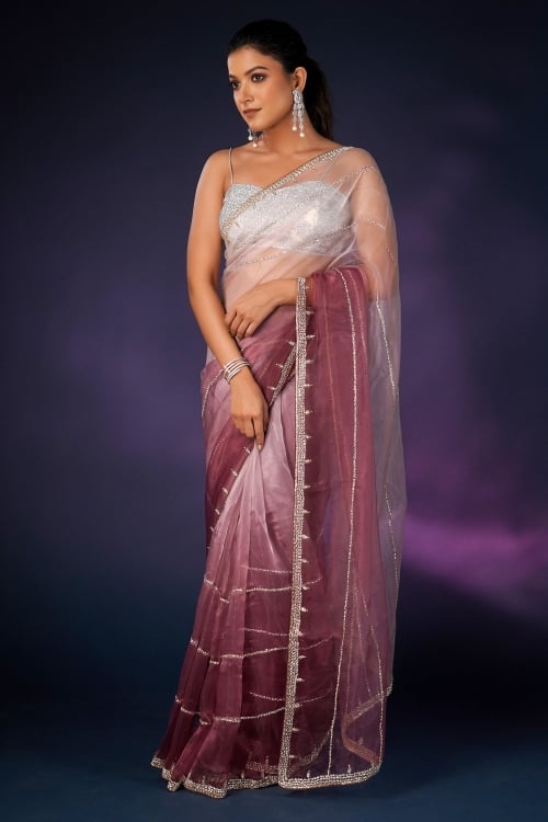 Pink and Mauve Cutdana Worked Saree in Organza