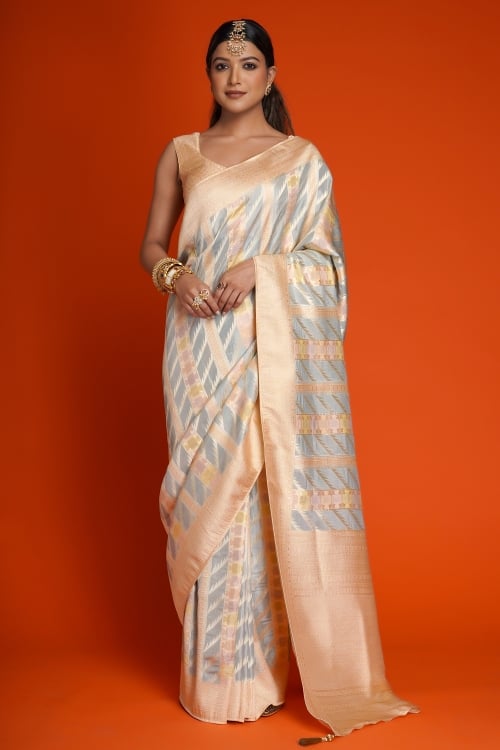 Peach and Grey All Over Woven Silk Saree