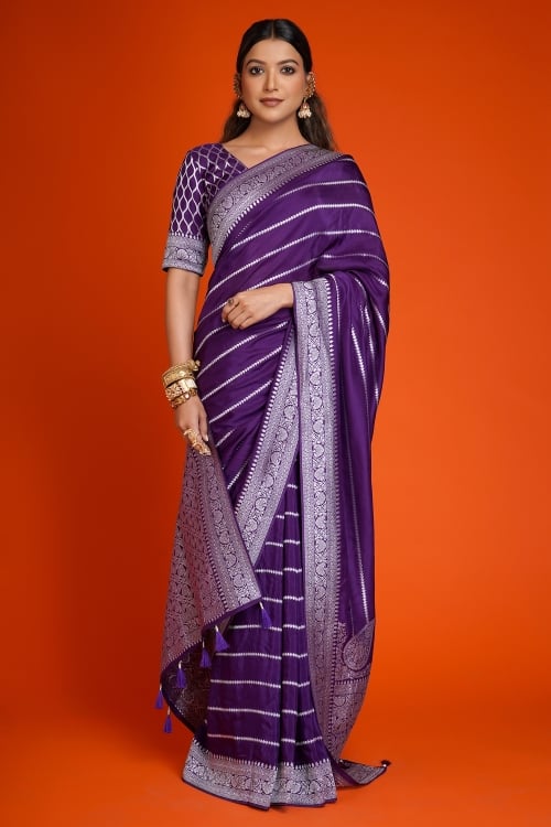 Purple Art Silk Saree with Floral Motif Border and Pallu