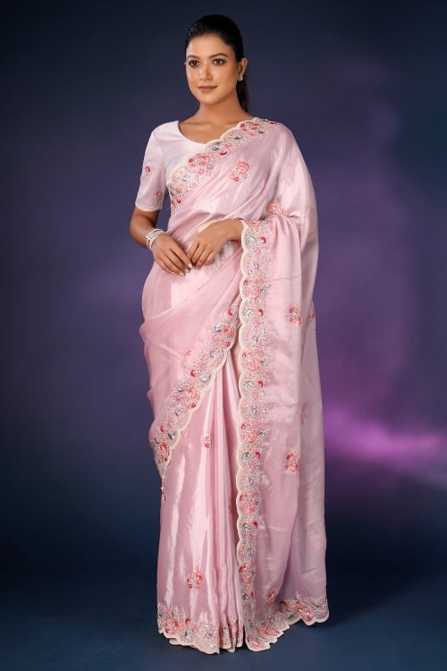 Light Pink Organza Saree with Floral Butta and Border