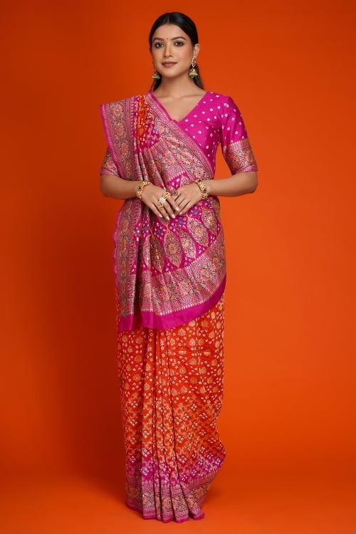 Rani Pink and Orange Bandhej Print Saree in Silk with Contrast Embroidery