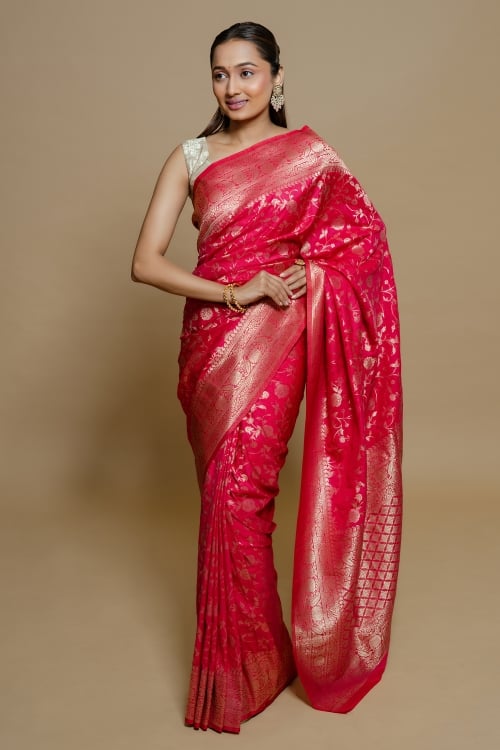 Rani Pink Art Silk Floral Weave Jaal Saree