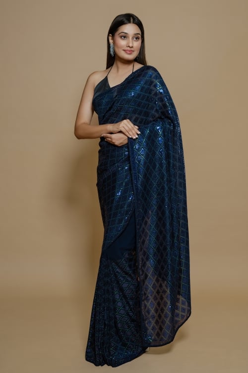 Blue Georgette Sequinned Worked Saree
