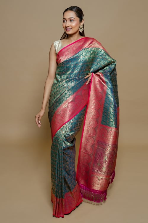 Teal Green Art Silk All Over Woven Saree with Contrast Border and Pallu