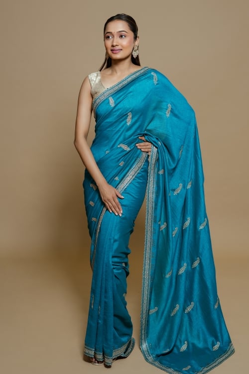Turquoise Blue Chiffon Georgette Paisley Embroidery Butta Saree