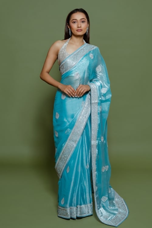Light Blue Shimmer Organza Embroidered Saree